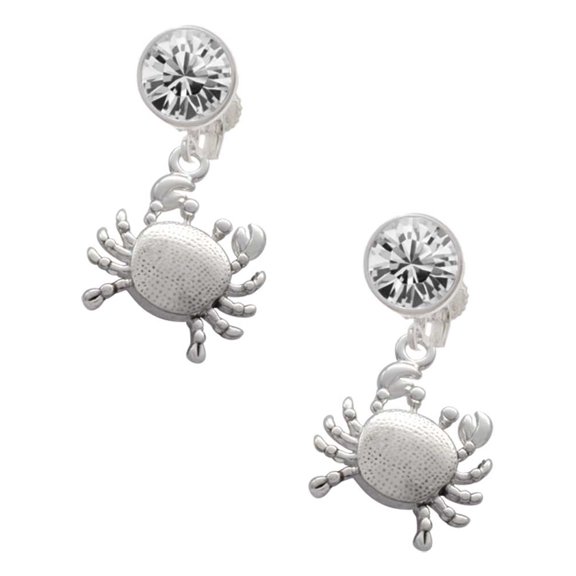 Silvertone Antiqued Crab Clear Crystal Clip On Earrings