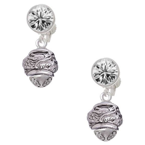 Silvertone Antiqued Dragon Spinner Clear Crystal Clip On Earrings