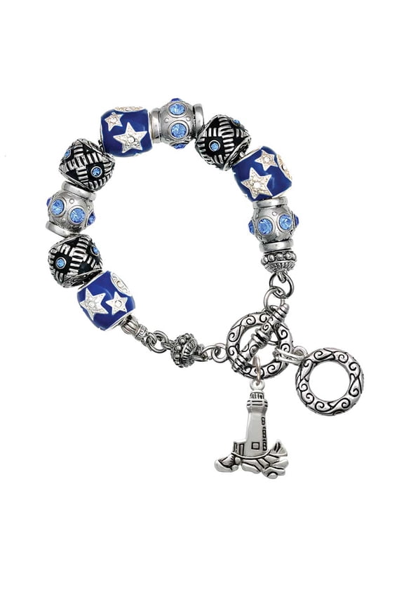 Silvertone Antiqued Lighthouse Blue Moon Bead Charm Bracelet