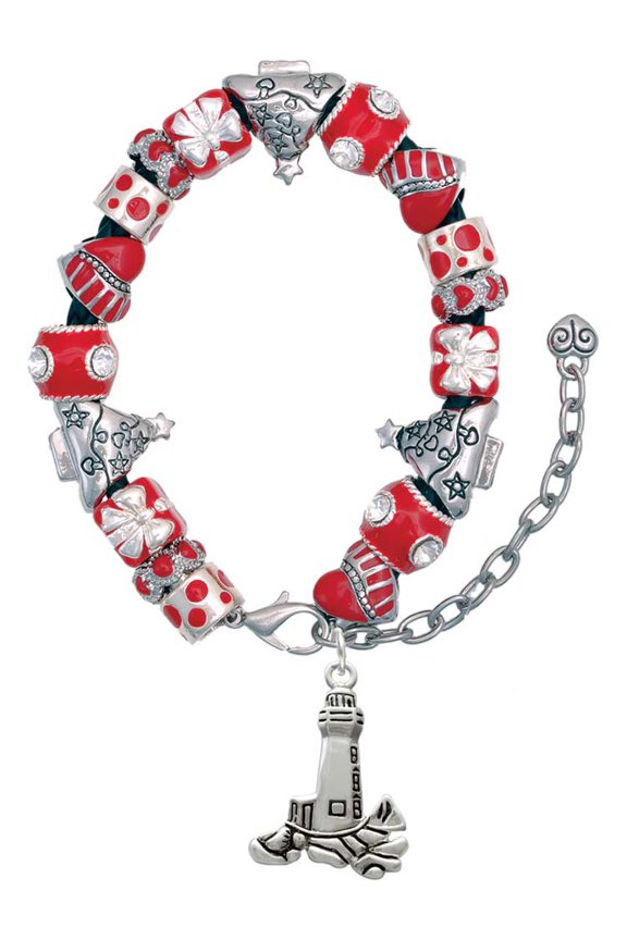 Silvertone Antiqued Lighthouse Red Christmas Bead Bracelet