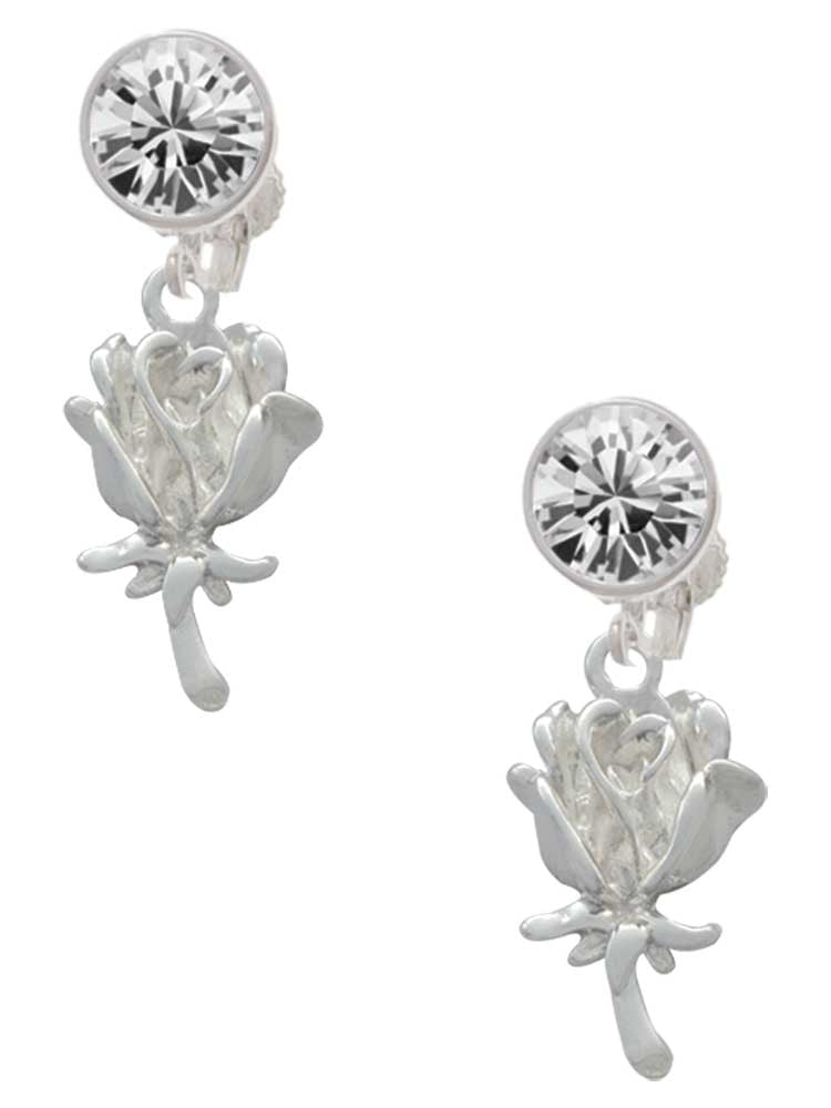 Silvertone Antiqued Rose Clear Crystal Clip On Earrings