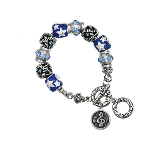 Silvertone Antiqued Round Seal - Clef Blue Moon Bead Charm Bracelet