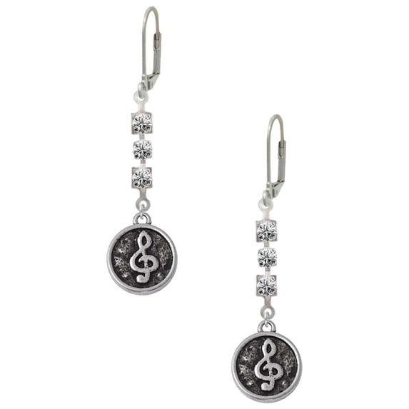 Silvertone Antiqued Round Seal - Clef Crystal Madison Leverback Earrings