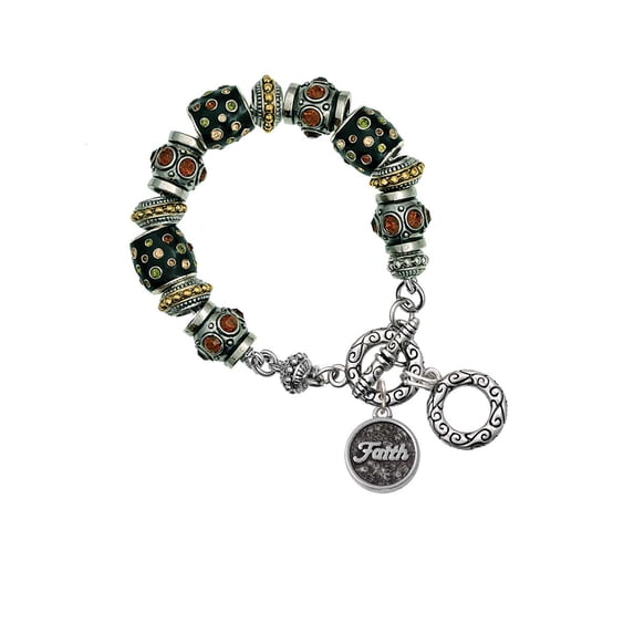 Silvertone Antiqued Round Seal - Faith Fall Crystal Bead Charm Bracelet