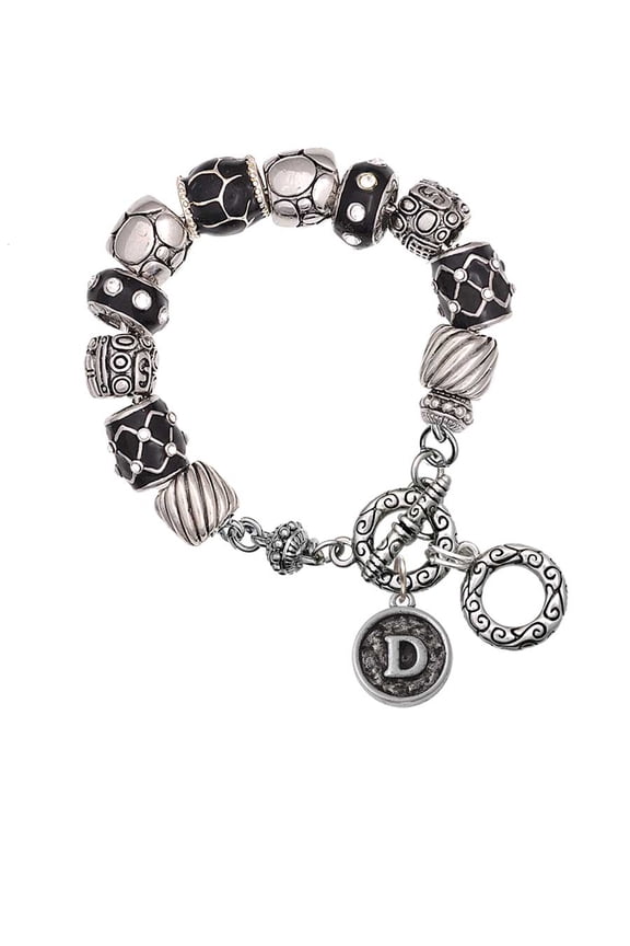 Silvertone Antiqued Round Seal - Initial - D - Black Pebble Bead Charm Bracelet