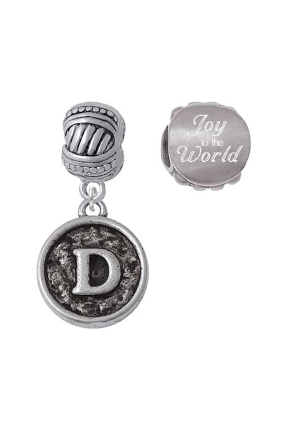 Silvertone Antiqued Round Seal - Initial - D - Joy to the World Charm Beads (Set of 2)