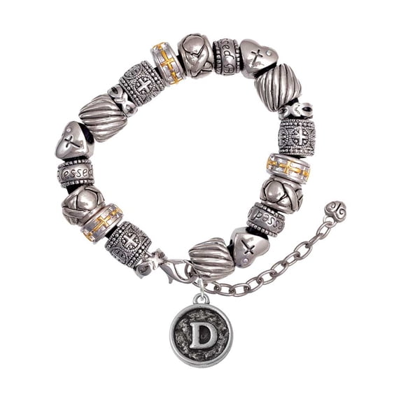 Silvertone Antiqued Round Seal - Initial - D - Silver Tone Christian Bead Bracelet