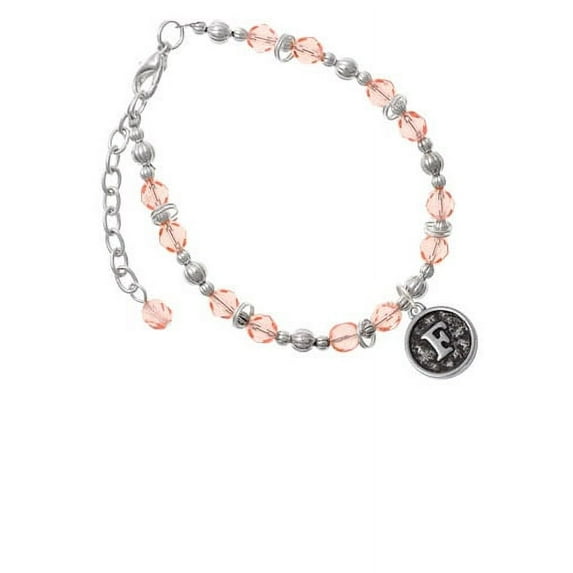 Silvertone Antiqued Round Seal - Initial - F - Pink Beaded Bracelet