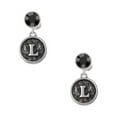 thumbnail image 1 of Delight Jewelry Silvertone Antiqued Round Seal - Initial - L - Black Crystal Clip on Earrings, 1 of 5