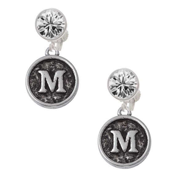 Silvertone Antiqued Round Seal - Initial - M - Clear Crystal Clip On Earrings