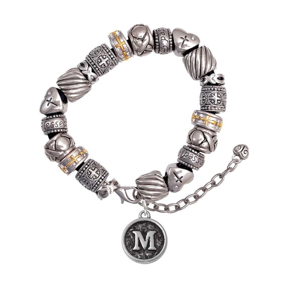 Silvertone Antiqued Round Seal - Initial - M - Silver Tone Christian Bead Bracelet