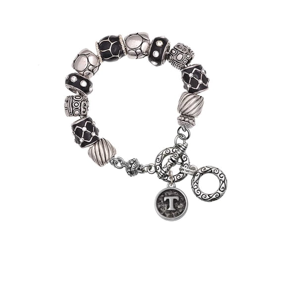 Silvertone Antiqued Round Seal - Initial - T - Black Pebble Bead Charm Bracelet