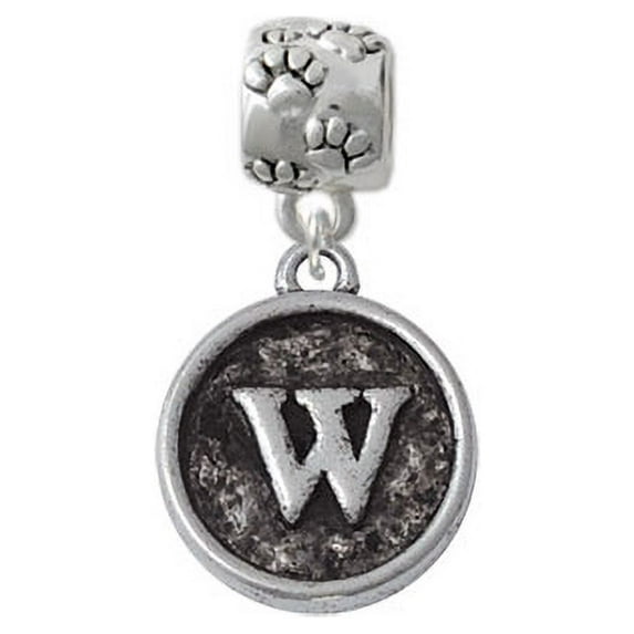 Silvertone Antiqued Round Seal - Initial - W - Paw Print Charm Bead