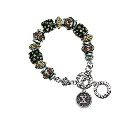 Silvertone Antiqued Round Seal - Initial - X - Fall Crystal Bead Charm Bracelet