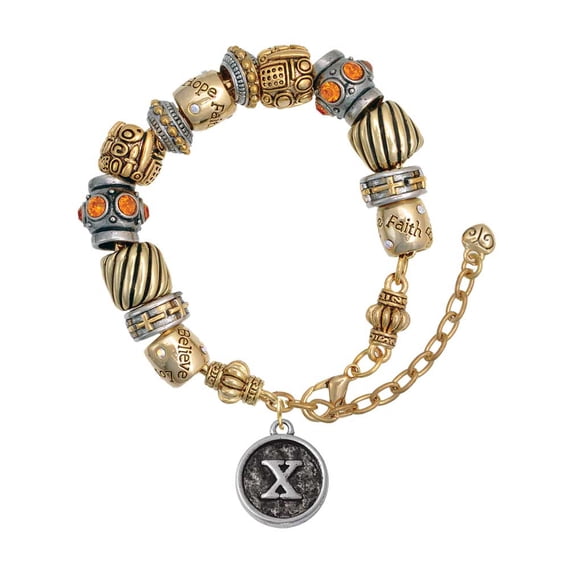 Silvertone Antiqued Round Seal - Initial - X - Two Tone Christian Bead Bracelet
