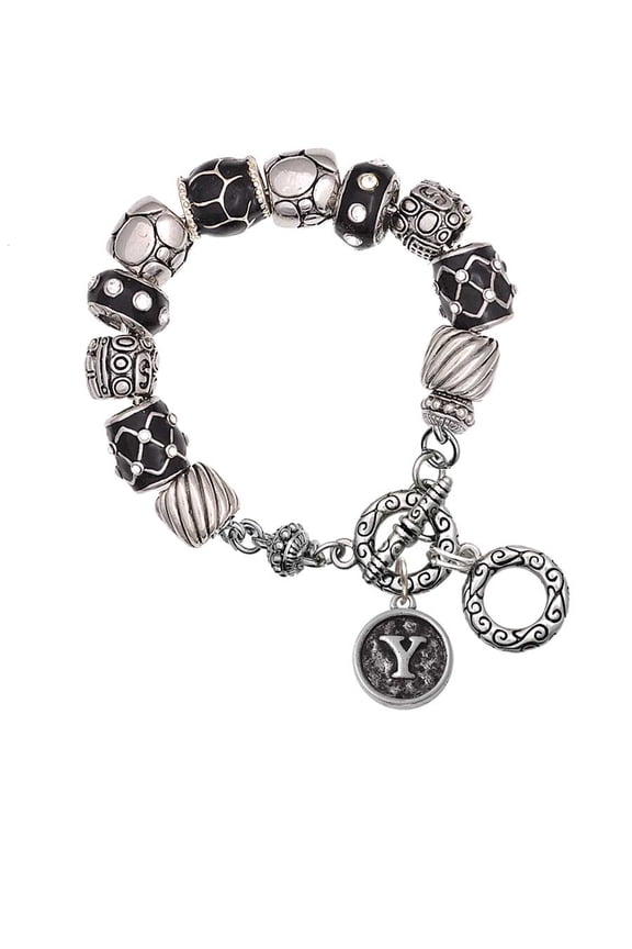 Silvertone Antiqued Round Seal - Initial - Y - Black Pebble Bead Charm Bracelet
