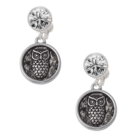 Silvertone Antiqued Round Seal - Owl Clear Crystal Clip On Earrings