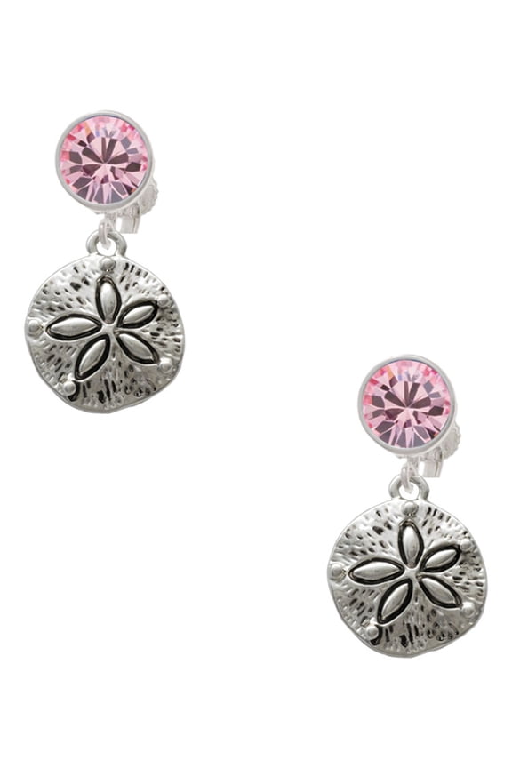 Silvertone Antiqued Sand Dollar Pink Crystal Clip on Earrings