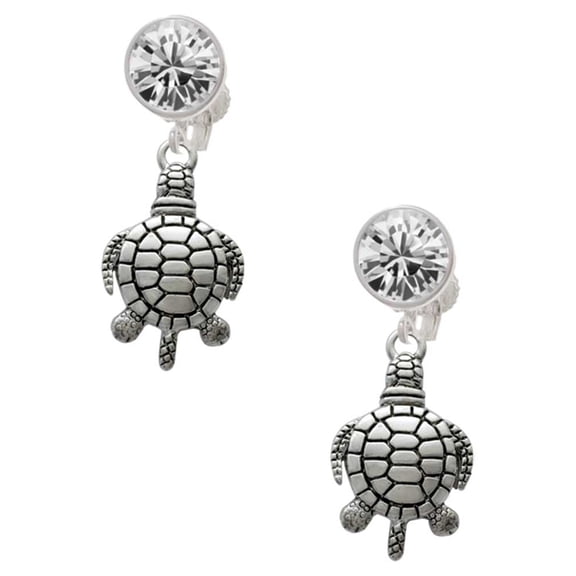 Silvertone Antiqued Sea Turtle Clear Crystal Clip On Earrings
