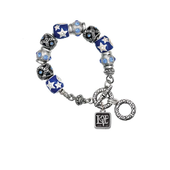 Silvertone Antiqued Square Seal - Love with Heart Blue Moon Bead Charm Bracelet