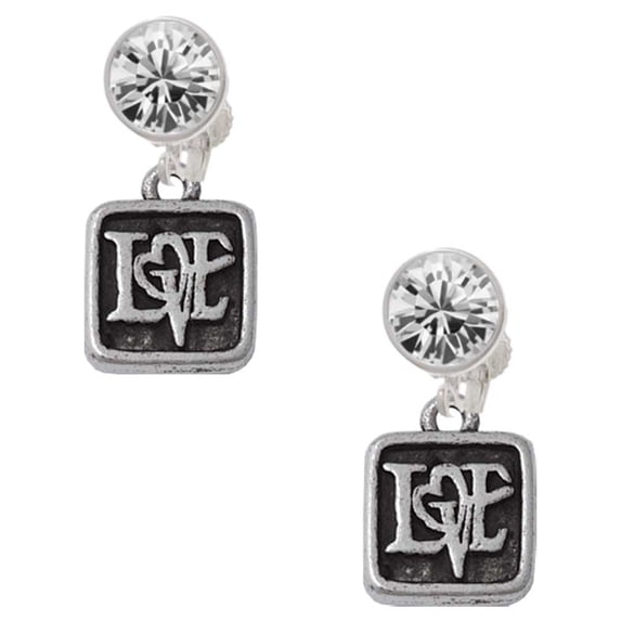 Silvertone Antiqued Square Seal - Love with Heart Clear Crystal Clip On Earrings