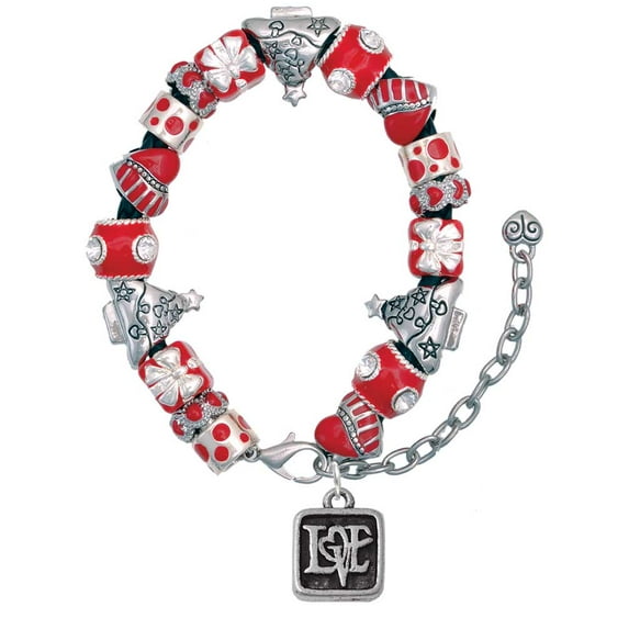 Silvertone Antiqued Square Seal - Love with Heart Red Christmas Bead Bracelet