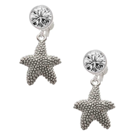 Silvertone Antiqued Starfish Clear Crystal Clip On Earrings