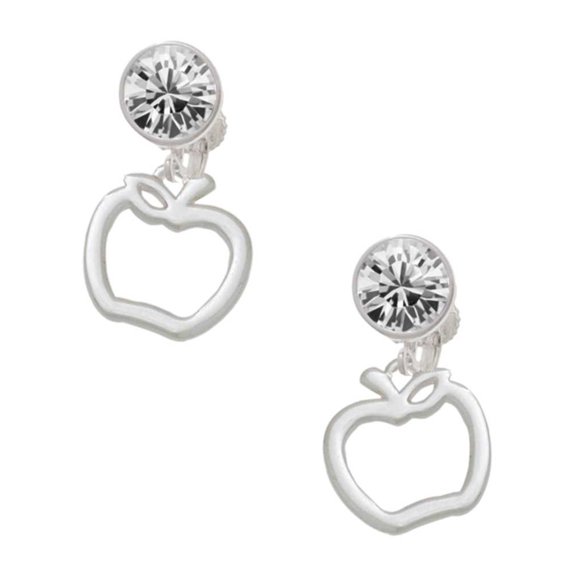 Silvertone Apple Outline Clear Crystal Clip On Earrings