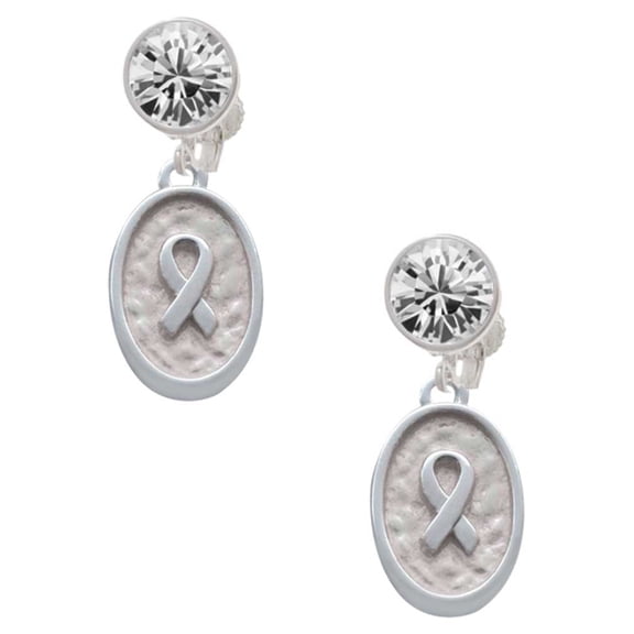 Silvertone Awareness Ribbon - Oval Seal Clear Crystal Clip On Earrings
