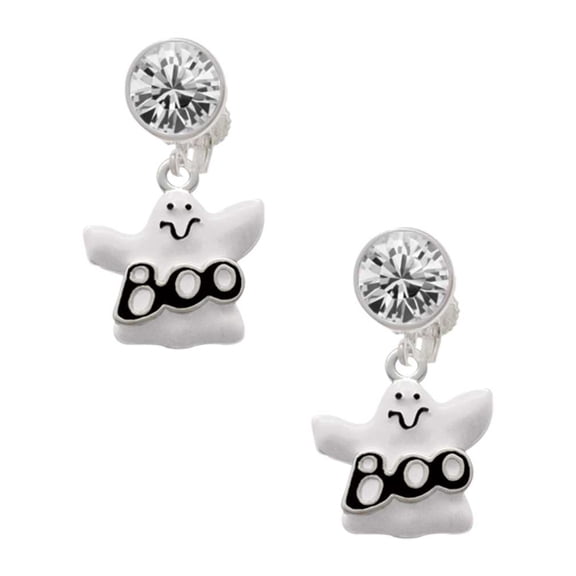 Silvertone BOO Ghost Clear Crystal Clip On Earrings