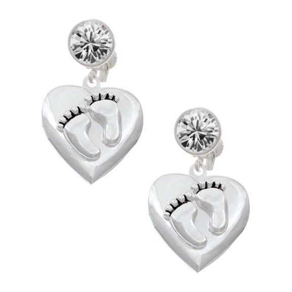 Silvertone Baby Feet Heart Locket Clear Crystal Clip On Earrings
