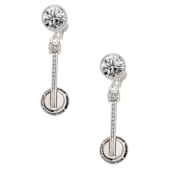 Silvertone Banjo Clear Crystal Clip On Earrings