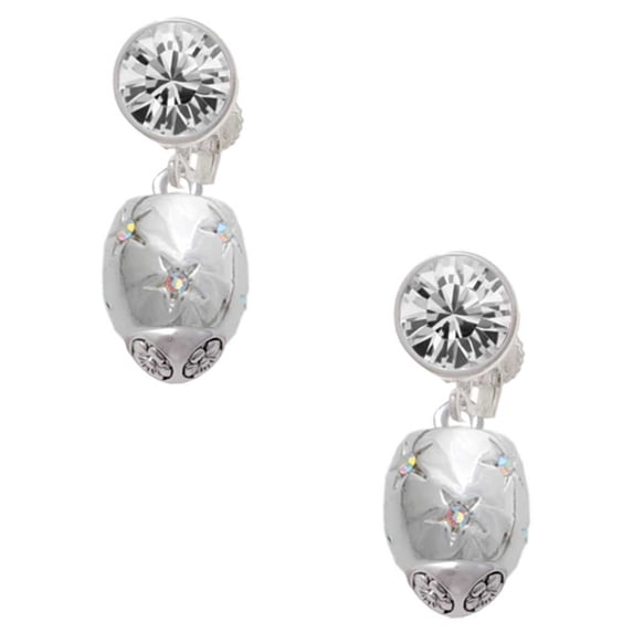 Silvertone Barrel with AB Clear Crystal Stars Spinner Clear Crystal Clip On Earrings