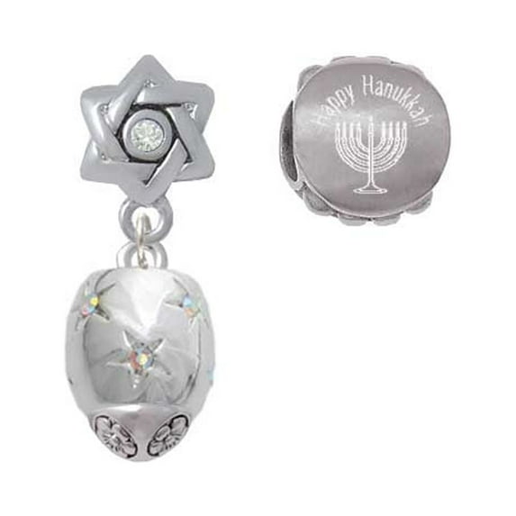 Silvertone Barrel with AB Clear Crystal Stars Spinner Happy Hanukkah Charm Beads (Set of 2)
