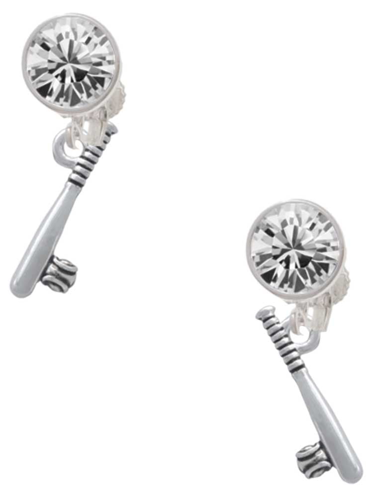 Silvertone Baseball Bat and Ball Clear Crystal Clip On Earrings