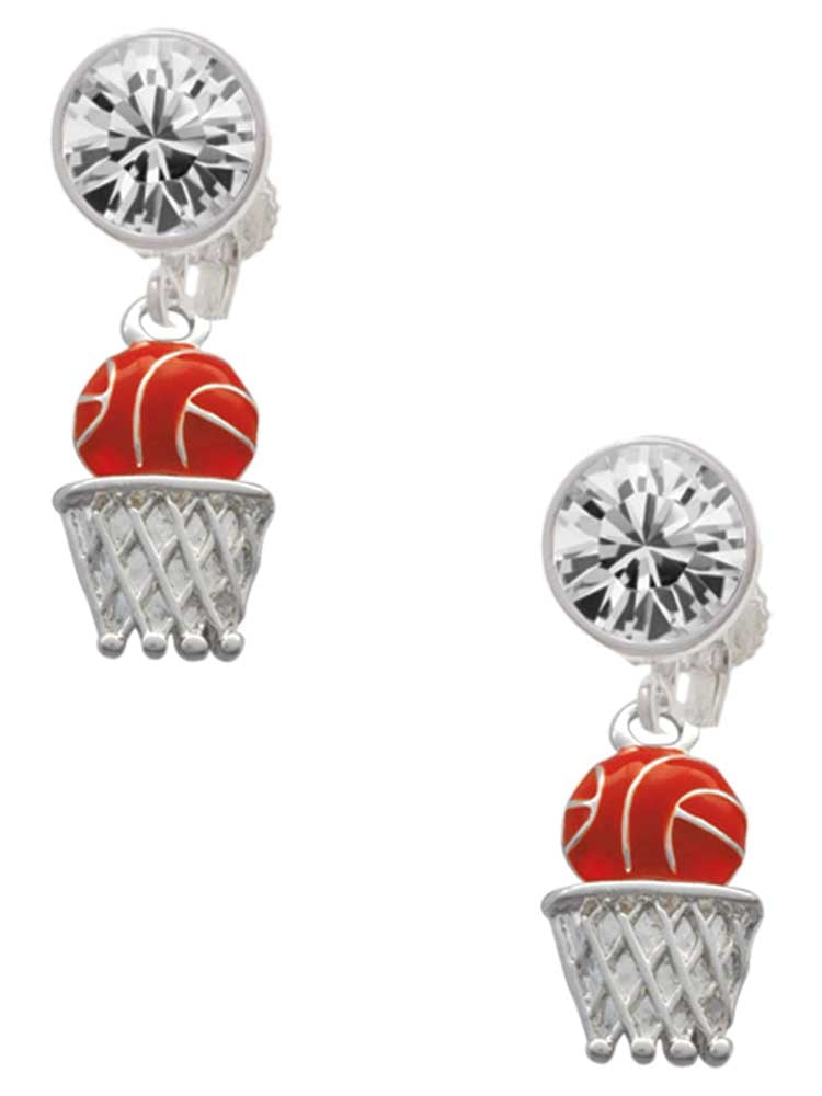 Silvertone Basketball - Over Hoop Clear Crystal Clip On Earrings