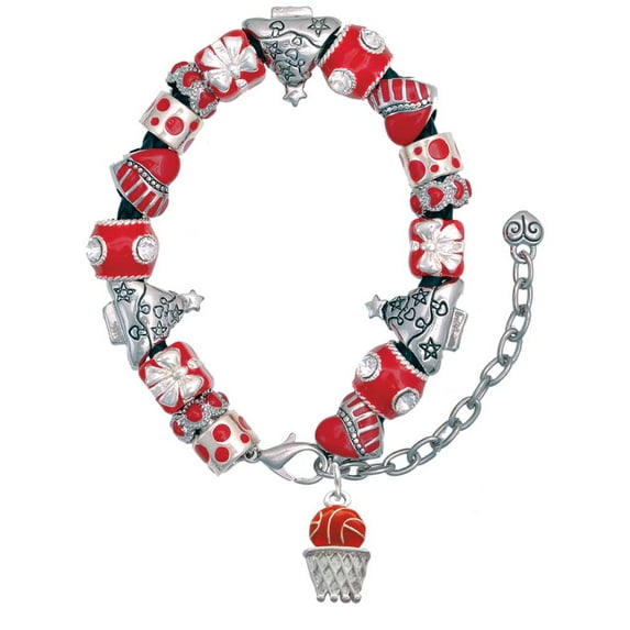 Silvertone Basketball - Over Hoop Red Christmas Bead Bracelet