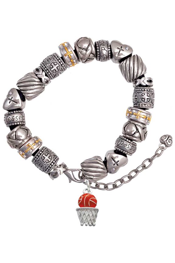 Silvertone Basketball - Over Hoop Silver Tone Christian Bead Bracelet
