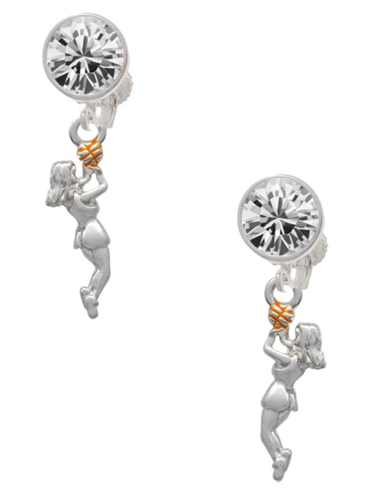 Silvertone Basketball Player Girl Clear Crystal Clip On Earrings