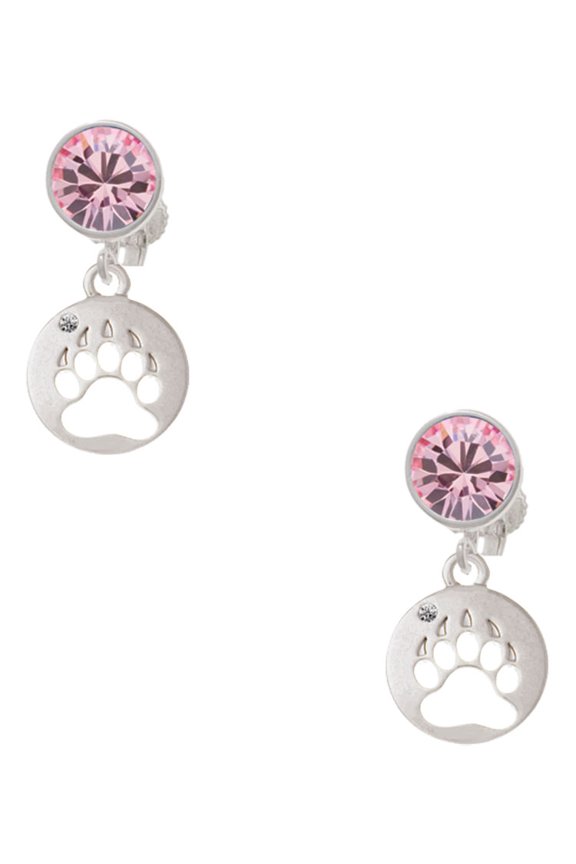 Silvertone Bear Paw Silhouette Pink Crystal Clip on Earrings