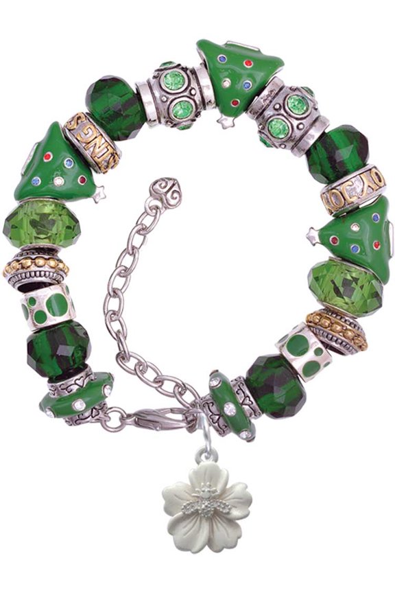 Silvertone Bee on White Flower Green Christmas Bead Bracelet