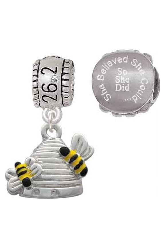 Silvertone Beehive with 2 Bumble Bees 26.2 Marathon Run She Believed She Could Charm Beads (Set of 2)