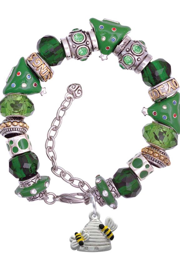 Silvertone Beehive with 2 Bumble Bees Green Christmas Bead Bracelet