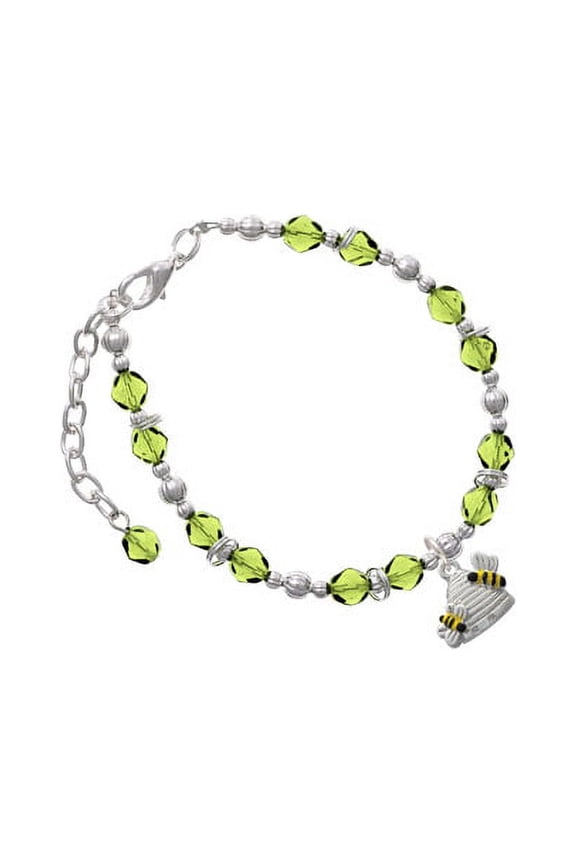 Silvertone Beehive with 2 Bumble Bees Lime Green Beaded Bracelet
