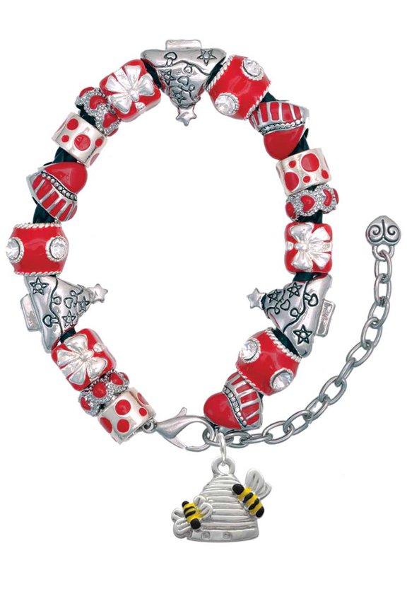 Silvertone Beehive with 2 Bumble Bees Red Christmas Bead Bracelet