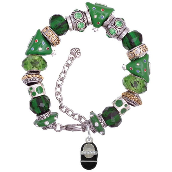 Silvertone Black Baby Shoe with Crystal Strap Green Christmas Bead Bracelet