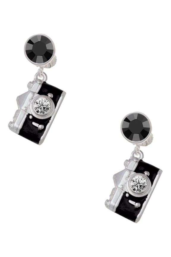Silvertone Black Camera Black Crystal Clip on Earrings