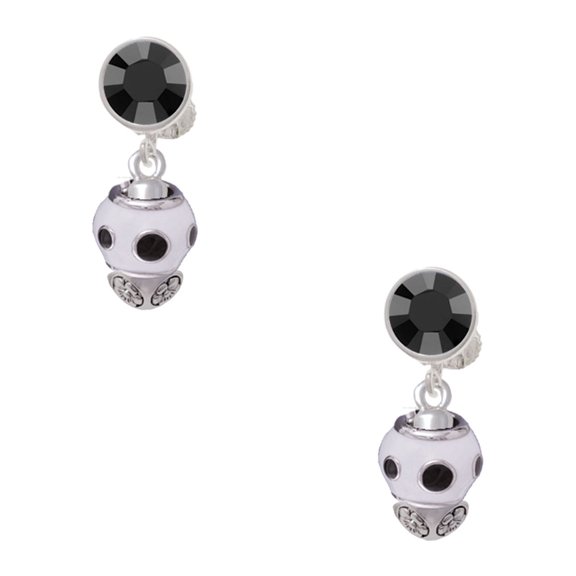 Delight Jewelry Silvertone Black Dots on White Spinners Black Crystal Clip on Earrings