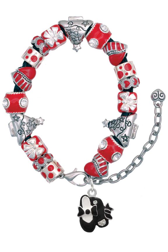 Silvertone Black Enamel Tap Shoes Red Christmas Bead Bracelet