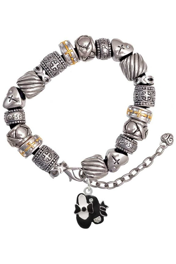 Silvertone Black Enamel Tap Shoes Silver Tone Christian Bead Bracelet